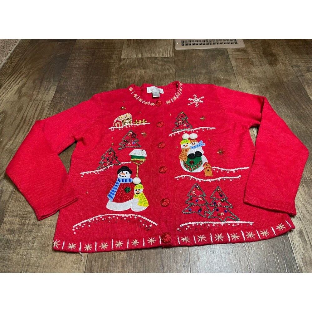 Lisa International Christmas Sweater Womens Petite Xl P Xl Snowman Red Button Up
